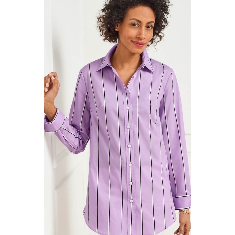 Talbots Womens Lilac Purple Striped Cotton Button Down Shirt Long Sleeve Size M